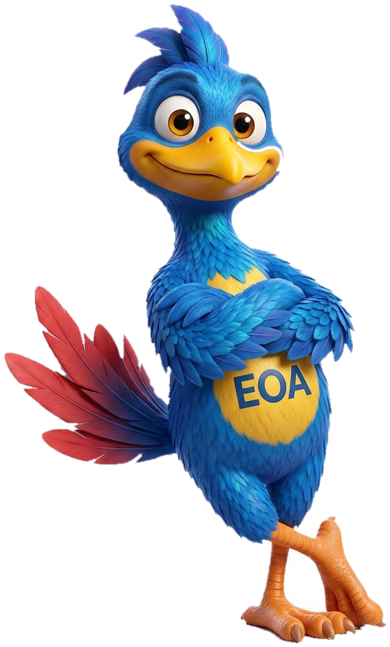 Speedy, la mascota de la Aceleradora EO, recargado en el cuadro